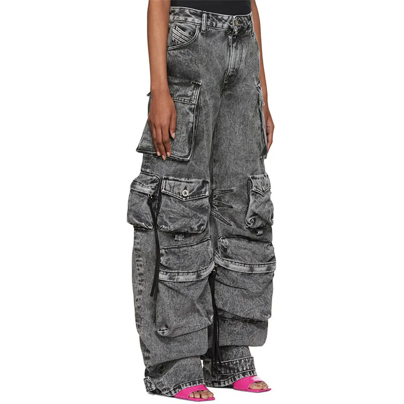 Bomblook C0904PT Fall Winter Washed Denim Wide Leg Jeans Cargo Jeans Women Denim Pants With Pockets Women