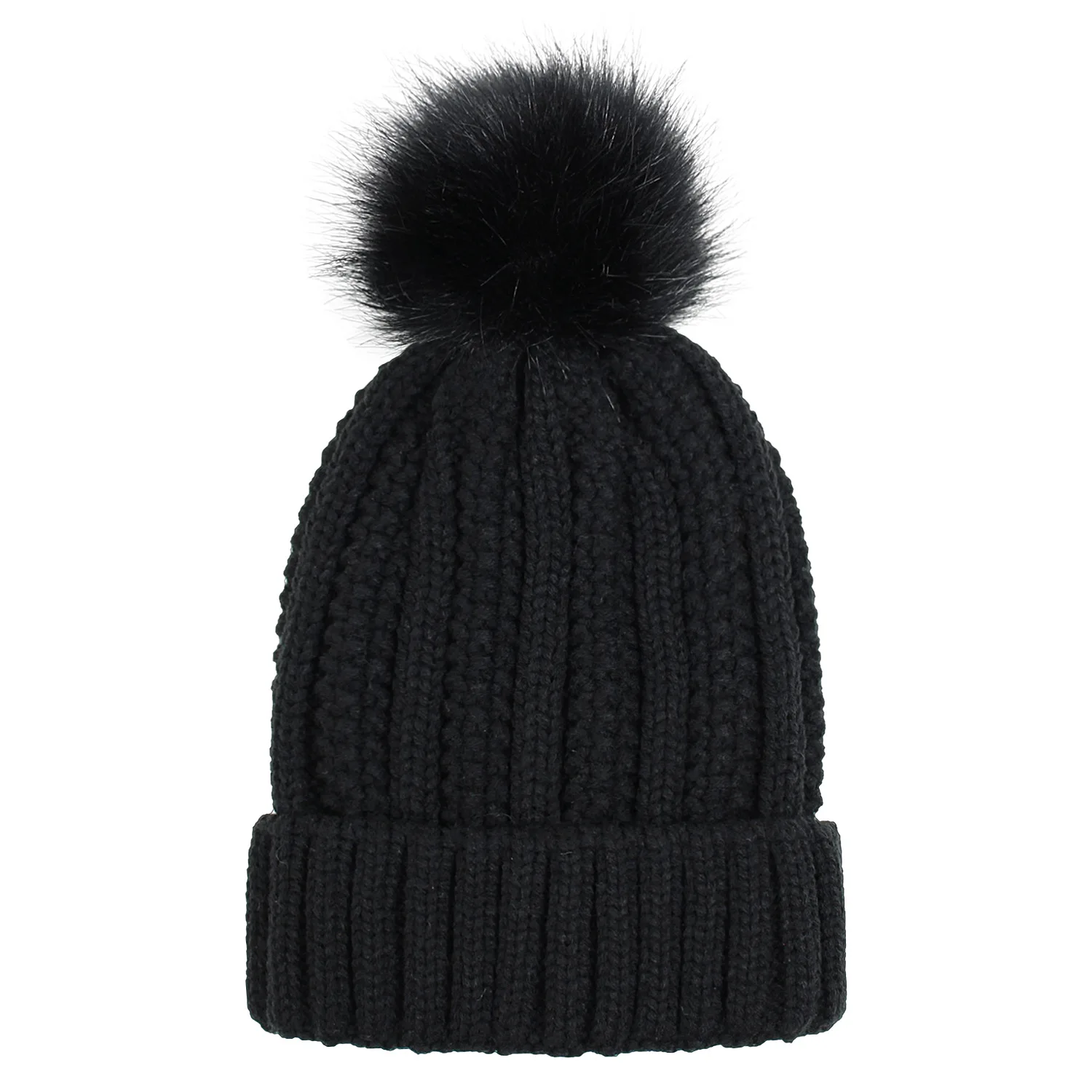 Women\'s Black Winter Beanie Hat Satin Lined Faux Fur Pom Pom Beanies Hat Satin Lined Beanie Winter Hats Silk Lining for Women Silk  main image 2
