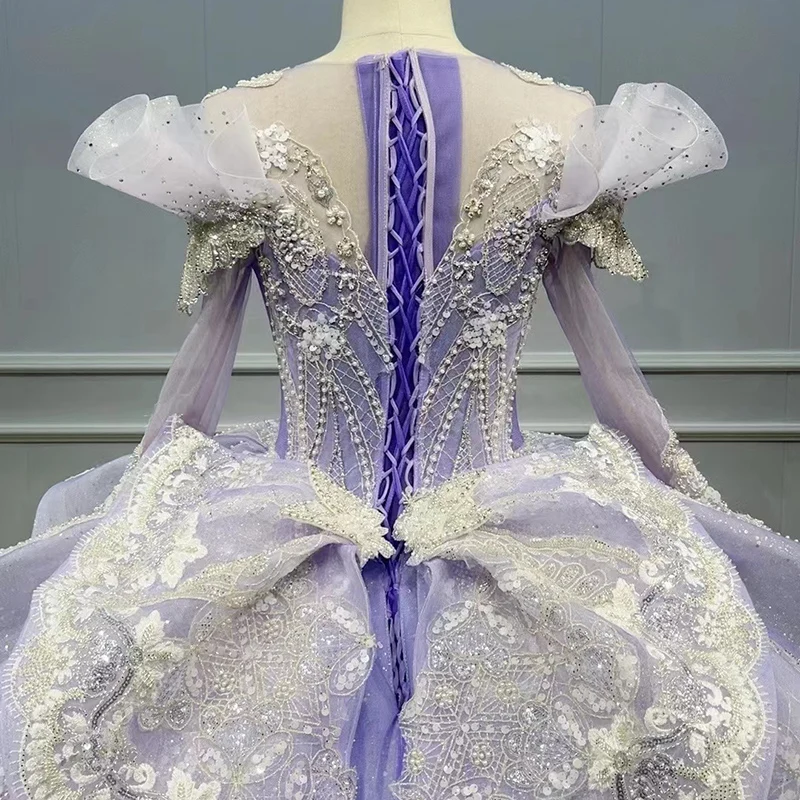 New Design Factory Direct Sales Long Sleeve Quinceanera Dress Purple Lace Color Wedding Dress Wn036
