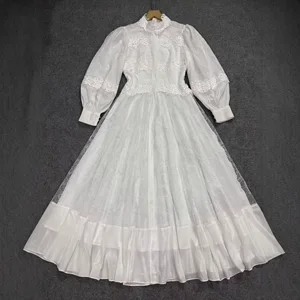 Factory Wholesale Spring Autumn Women's Vintage Dress French Style Elegant Ruffled Embroidered Lace Stitching High Waist Party