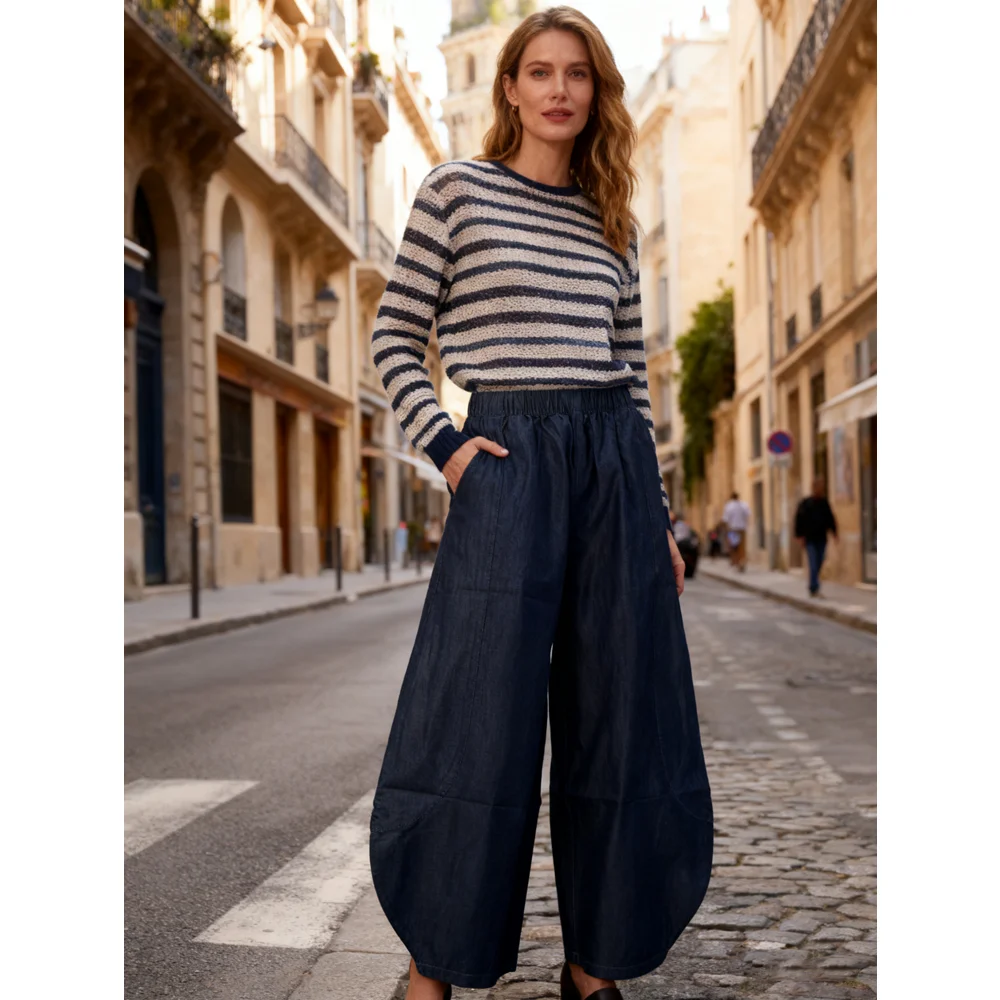 Wide Leg Navy Jeans High Waist Loose Casual Trousers Trendy Streetwear for Ladies with Comfortable Fit