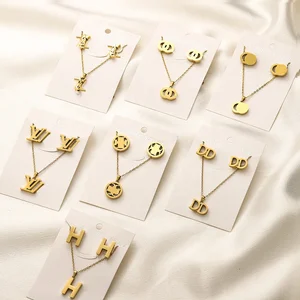 Factory Wholesale Women's Designer Brand Stainless Steel Jewelry Set 18k Gold Necklace Earrings Party Waterproof PVD