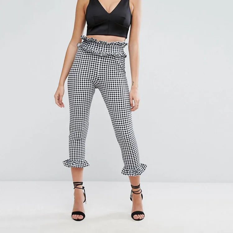 Gingham Frill Hem Woman Trousers 