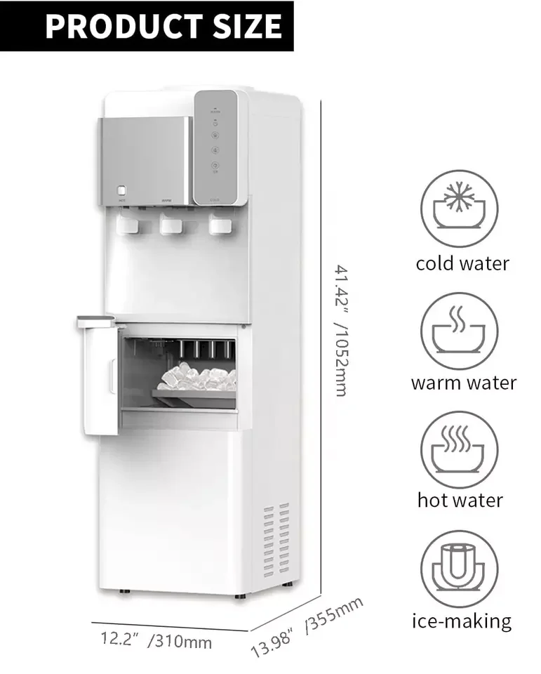 Water Dispenser With Bullet Ice Maker Compressor Cooling Make Hot Cold and Room Temperature Water Commercial Use Ice Storage