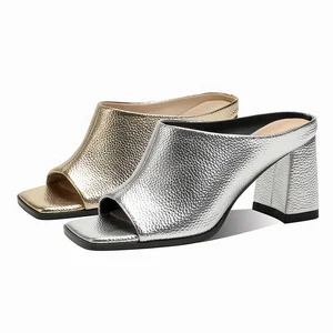 Comfortable Open-Toe Mules with Block Heel Gold and Silver Metallic Square Toe Slide Heels  Sandals