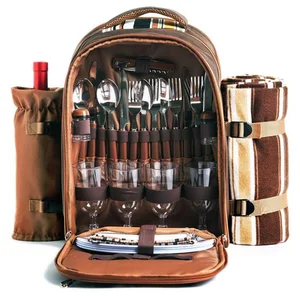 Outdoors 4 Person Cooler Compartment Detachable Bottle Holder Fleece Blanket Plates and Cutlery Set Picnic Backpack Bag