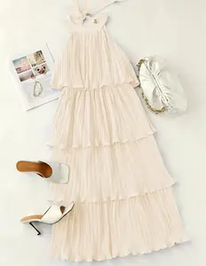 Women's Casual Summer Sleeveless Halter Neck Ruffle Tiered Chiffon Swing Long Midi Dress Solid Natural Digital Pattern