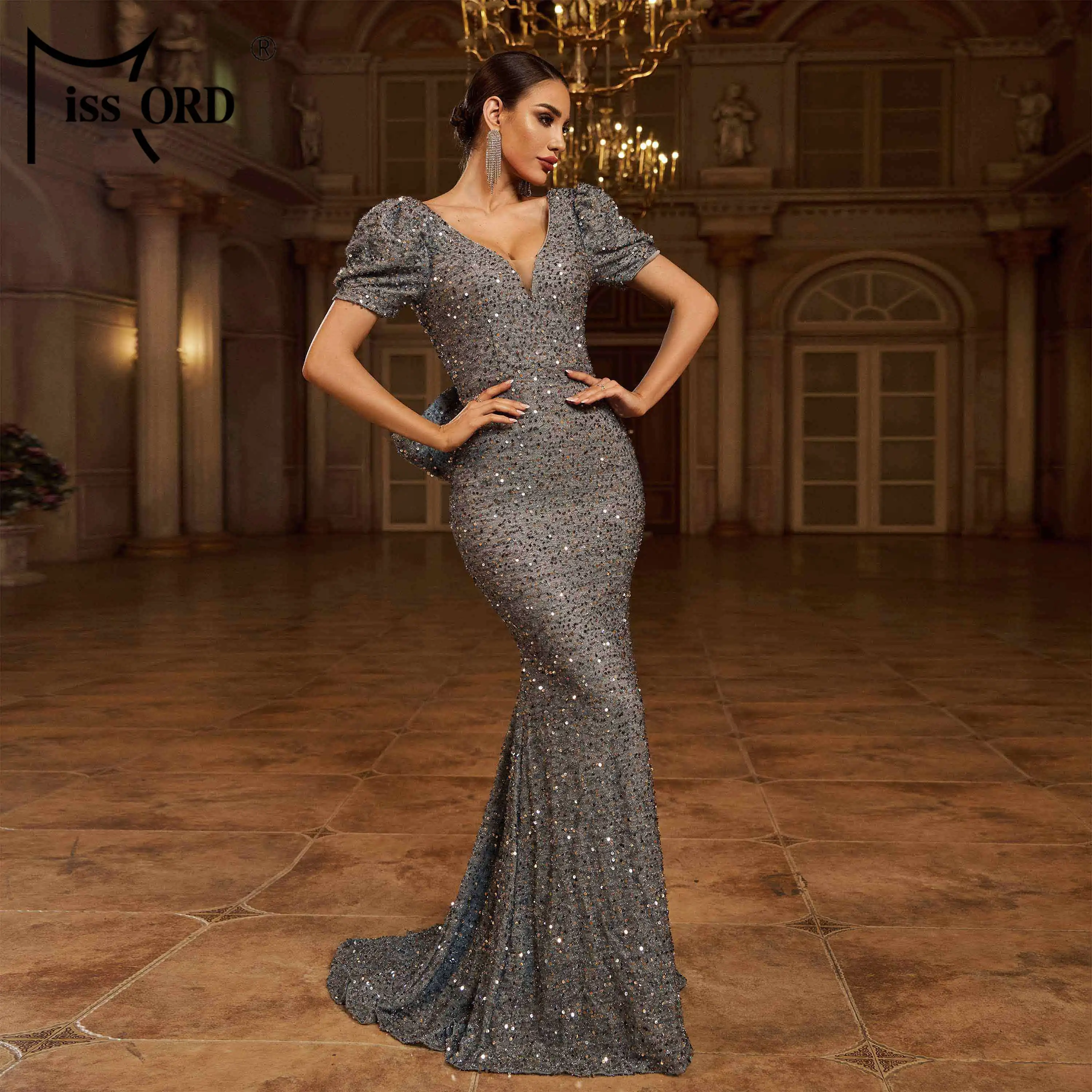 Bow Open Back Mermaid Sequin Long Elegant Luxury Prom Gown Evening Dress for Women