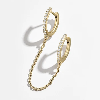 Trendy 2 double piercing brass hoop earring cz double chain earrings for women jewellery