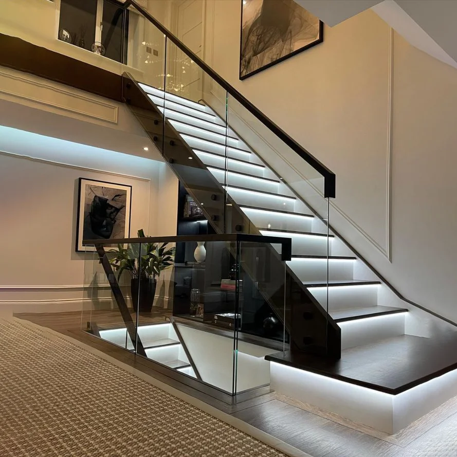 floating Stair Kits marble/wooden Staircase design Indoor Glass Railing marble stair steps modern stairs details