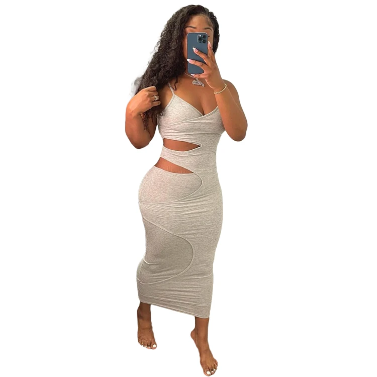 Casual Ladies Bodycon Dress Spaghetti Strap Splitlevel Summer Women Midi Dresses