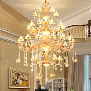 Hotel Ceiling Luxury Hanging Light European Style Large Gold  Led Long Staircase Crystal Chandeliers