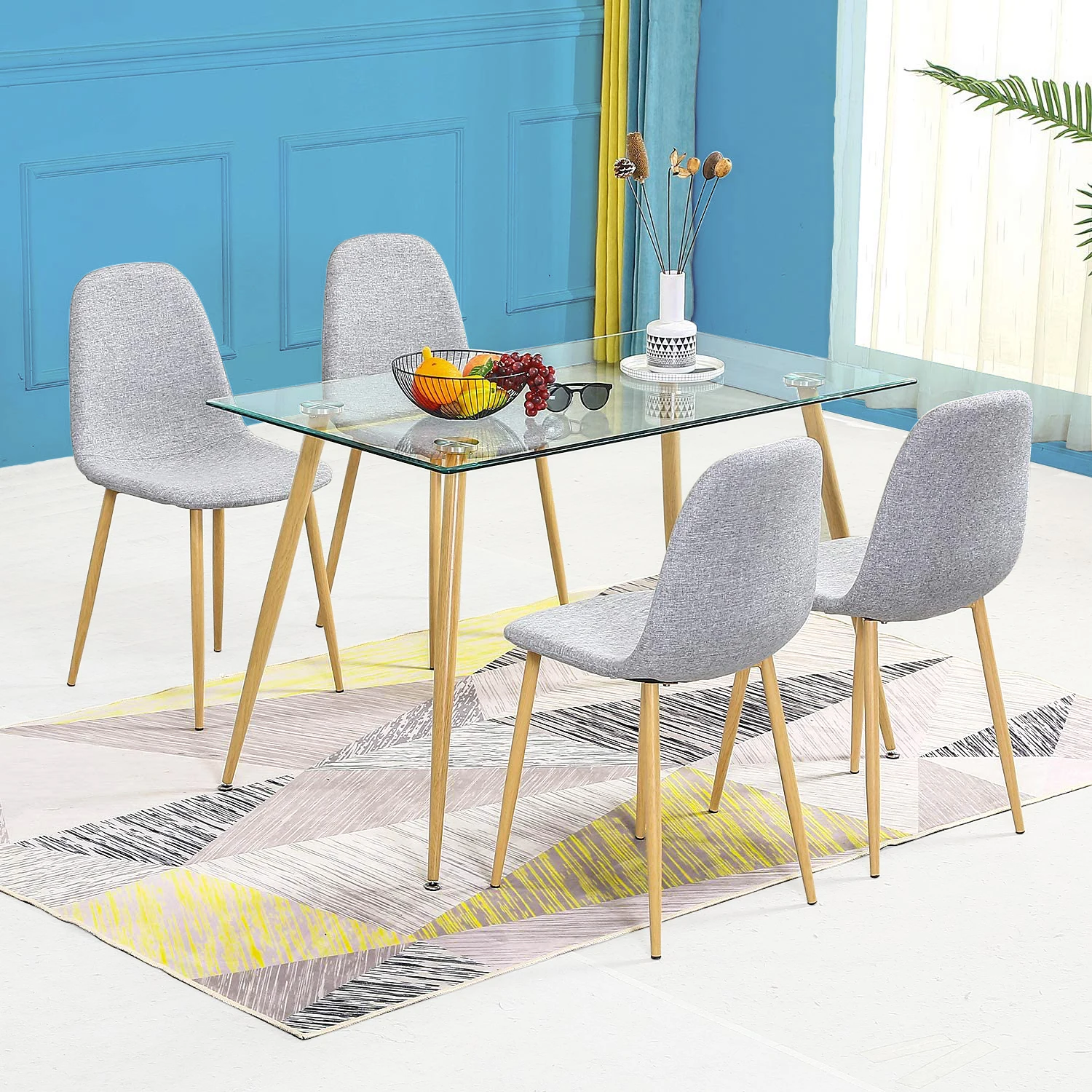 Kitchen Dinning Room Furniture Modern Glass Dining Table Set With Rectangle Glass Top And Wood Printed Transfer Metal Legs Buy Glass Table
