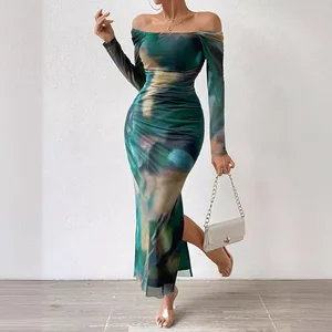 Women's Sexy One-Piece Party Dress Off-Shoulder Long Mesh Tie-Dye Printed Natural Waistline Draped Tight Cut Split Y2K
