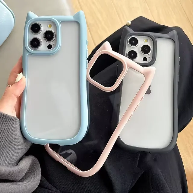 3D INS Cat's ears (Steamed cat-ear shaped bread) frame for iPhone15 phone case  14Pro transparent acrylic  case 13  phone case