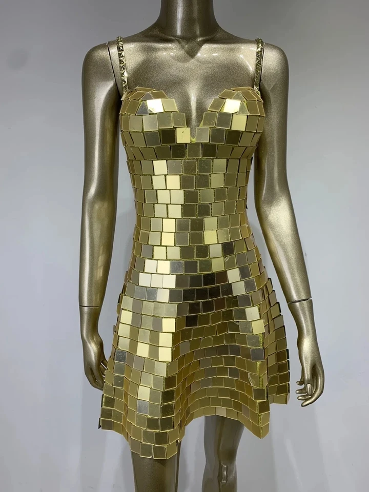 Female Sexy Silver/Gold Short Dress Spandex Material Mirror Stage Dance  Costumes for Nightclub DJ Singer Bar Party Ballet