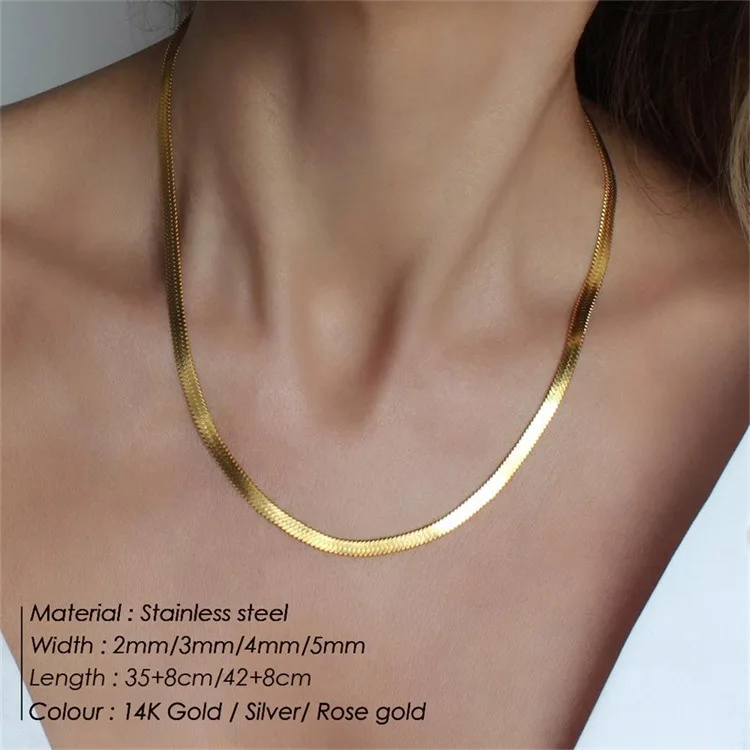 2MM 5MM 18K Gold Plated Chaine Pour Femme Stainless Steel Jewelry Wholesale  Herringbone Clavicle Flat Snake Chain Necklace