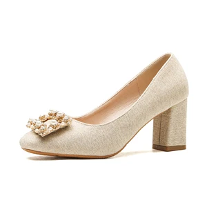 Chic Women's Beige Glitter Fabric Round Toe Square Heel Comfort Height Increasing Summer Pumps with Pearl Buckle PU