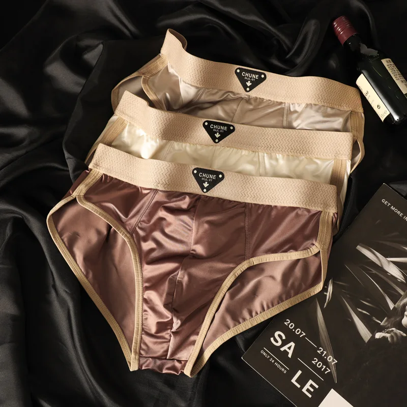 Men's Triangular Underwear New Ice Silk Design Single Color Mid-rise Large Size XXL Good Breathability Logo on Waist