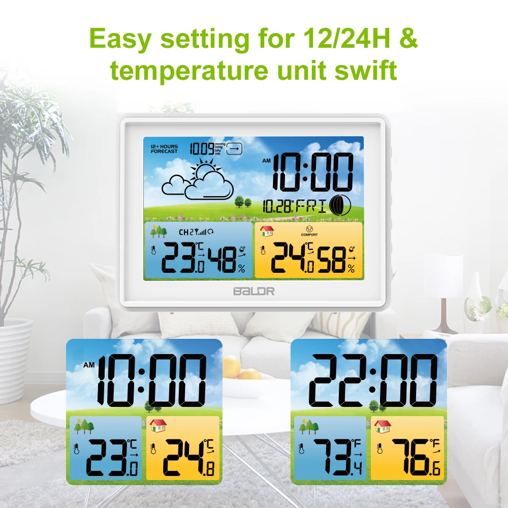 BALDR Digital Weather Station Temperature and Humidity Sensor Alarm Clock Weather Forecast Indoor Outdoor Meteorological