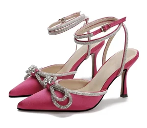 QuiteS 2026 Women's Fashionable High Heel Pumps Closed Toe Bow Detail Tempered Cloth Rhinestone Outdoor Style New for Summer