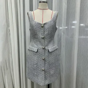 Factory Wholesale Winter French Spaghetti Strap Tweed Mini Dress Women Square Collar Single-breasted Casual Mini Dress