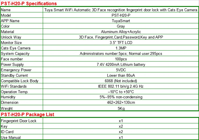 Automatic 3D Face Recognition Fingerprint Electronic Smart Door Lock Tuya Wifi APP Remote Control With Cat Eye Camera PST-H20-P