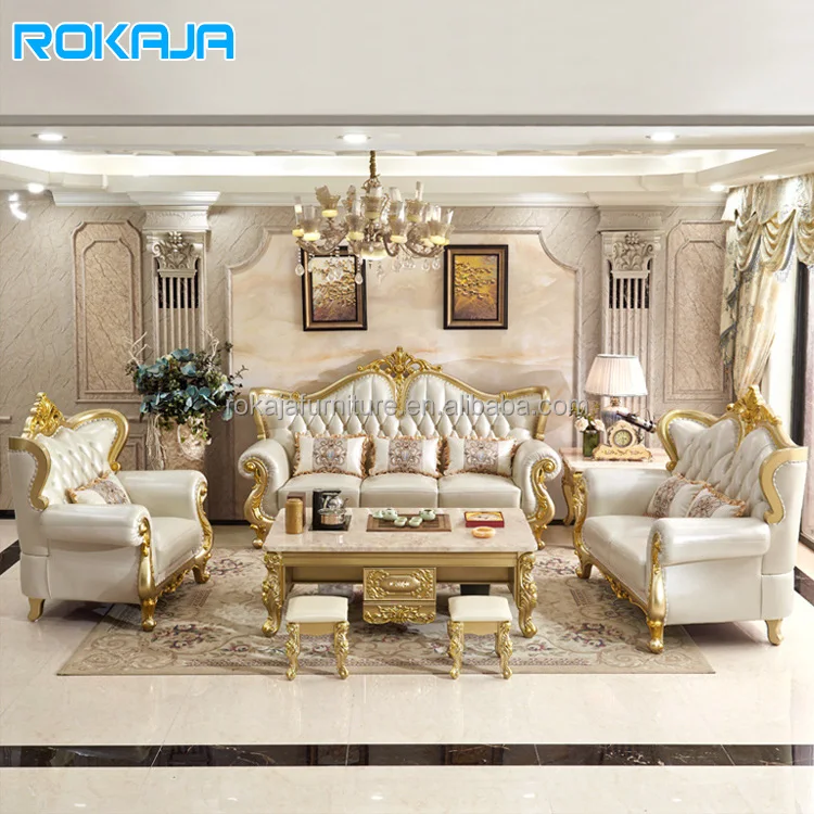 European Style Leather Sofa 123 Combination Retro Royal Sofa Luxury Villa Living Room Champagne Gold Solid Wood Carved Sofa Set