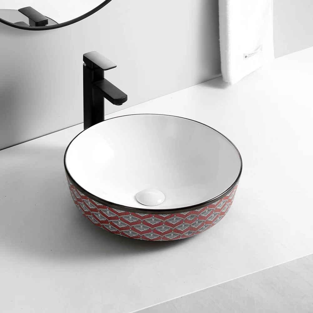 Modern Round Antique Handmade Black Side And Decal Design Bathroom Sink Countertop Ceramic Basin Buy Ceramic Basin