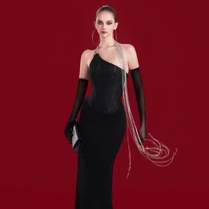 Bettergirl New 2026 High-quality Diamond Black Long Bandage Evening Dress Banquets Formal Party Dress