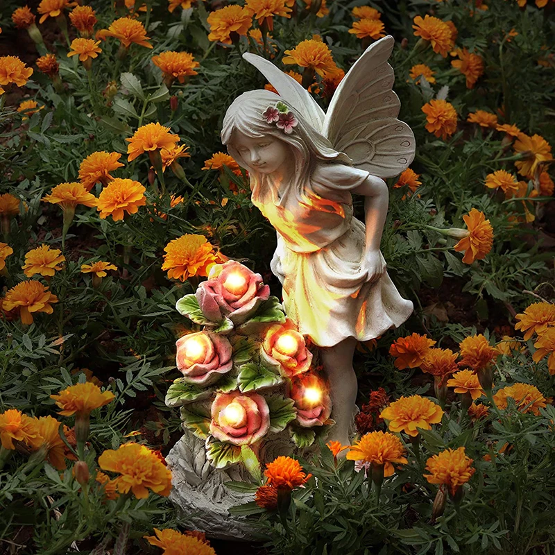 Garden Resin Fairy Statue With Solar Flower Fairy Figurines Statue Fairy Outdoor