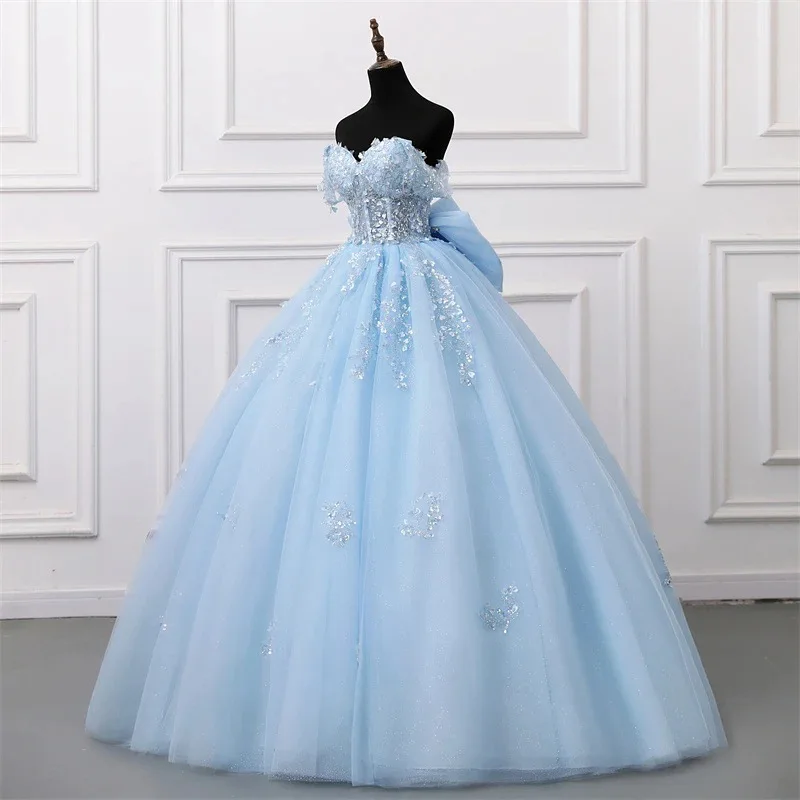 big puffy blue dress Sweet Blue Lace Prom Dresses 2023 Off The Shoulder... From Donnaweddingdress26, $105.18