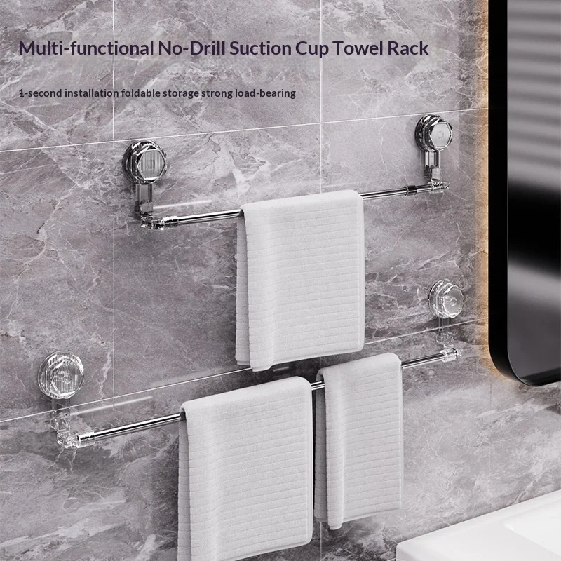 Multi-functional Suction Cup Towel Rack Strong Wall-Mounted Telescopic Bathroom Rack with No Drilling Required
