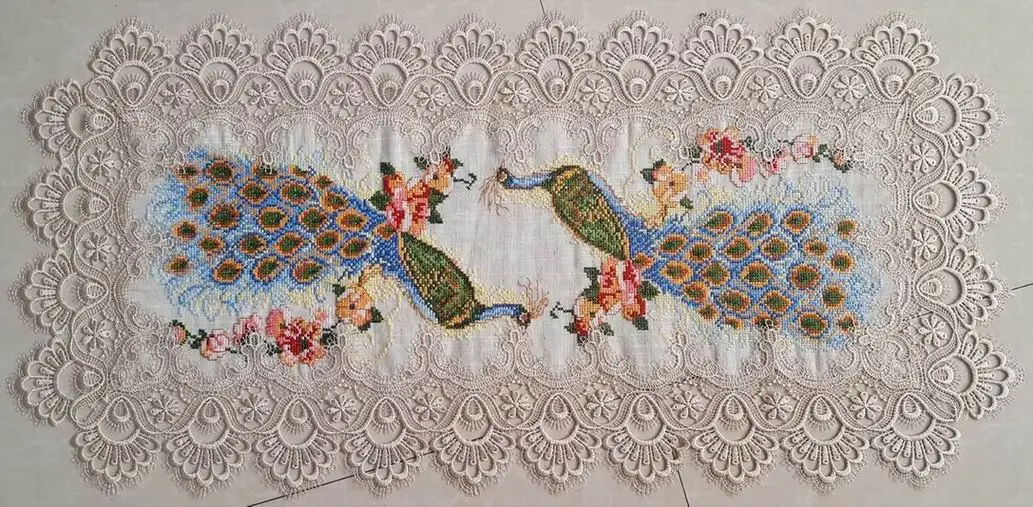 Rose Embroidery Cross STITCH TABLE RUNNER with Cutwork
