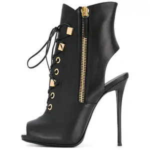 Black PU Leather Lace up Sexy Stiletto High Heels Evening Party Punk Short Boots