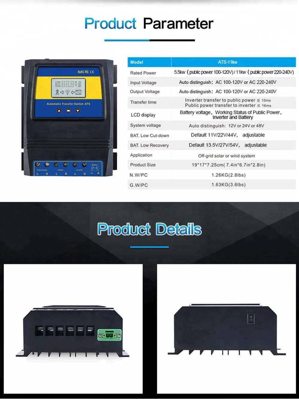 ATS Dual Power Transfer Controller Solar Charge Controller Power Switch Regulator DC 12V 24V 48V AC 110V 220V Automatic