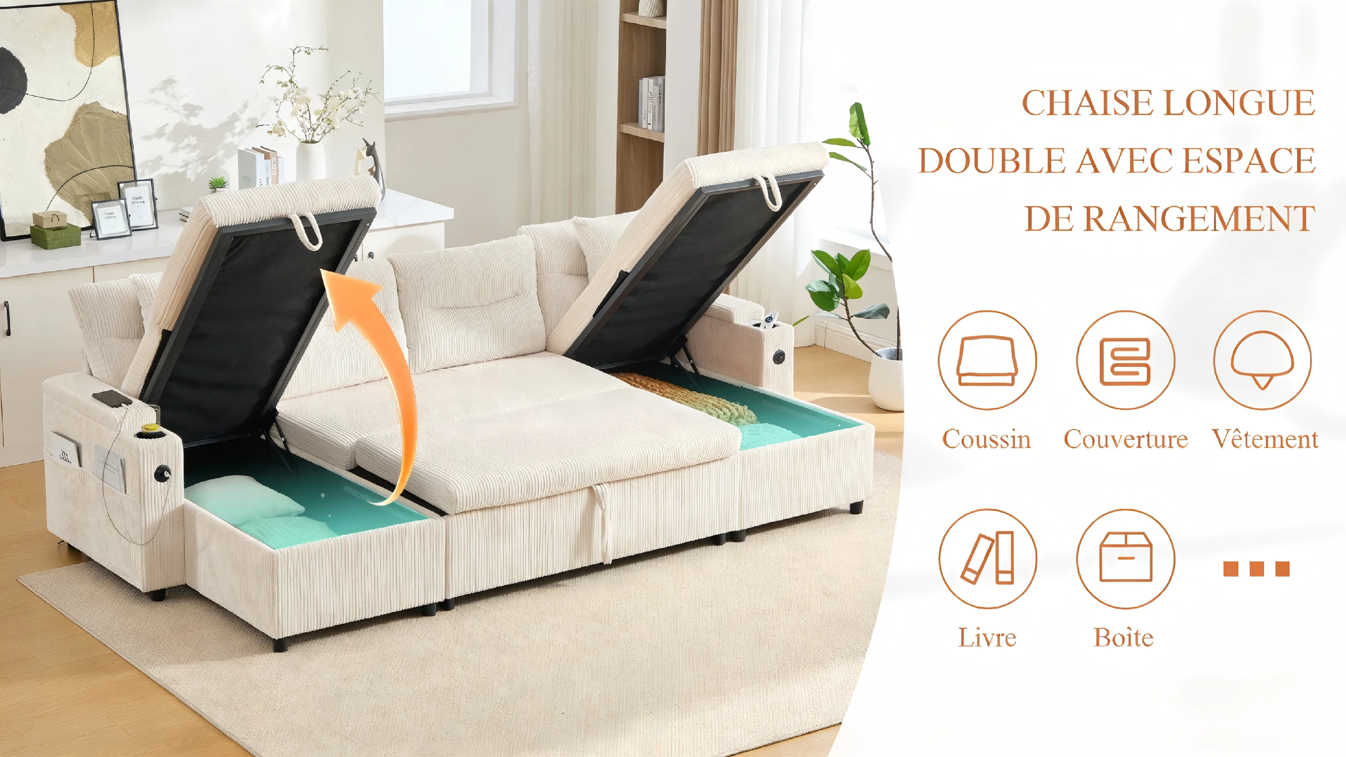 Canapé 2 chaises longues rangement caché USB-Type-C recharge