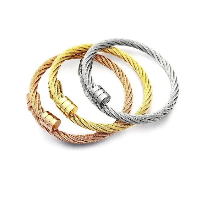 Custom Stainless Steel Cable Wire Bracelet 18K Gold Plated Saudi Italian Cuff Titanium Wedding Bangle for women jewelry