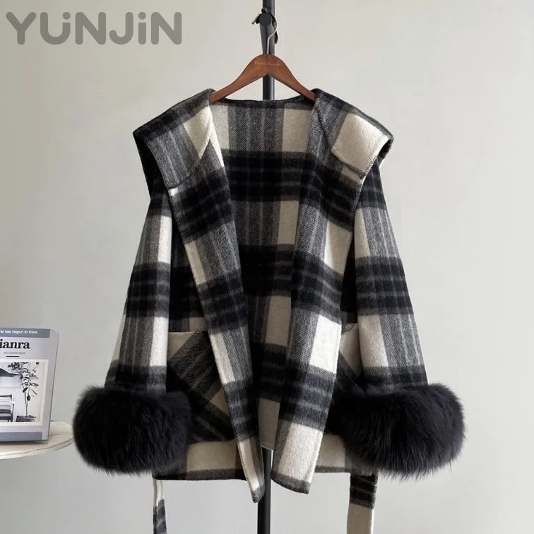 Women Double Faced Wool Cape Coat Navy Collar