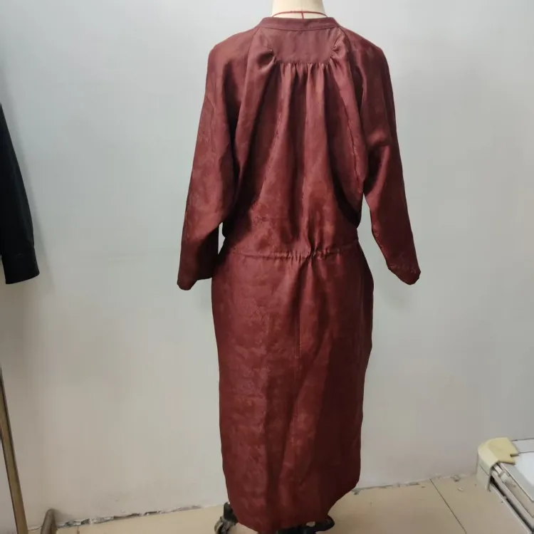 Burgundy Ramie Loose Waist-Tie Pullover Dress - Retro Elegant Mid-Length Office & Casual Dress