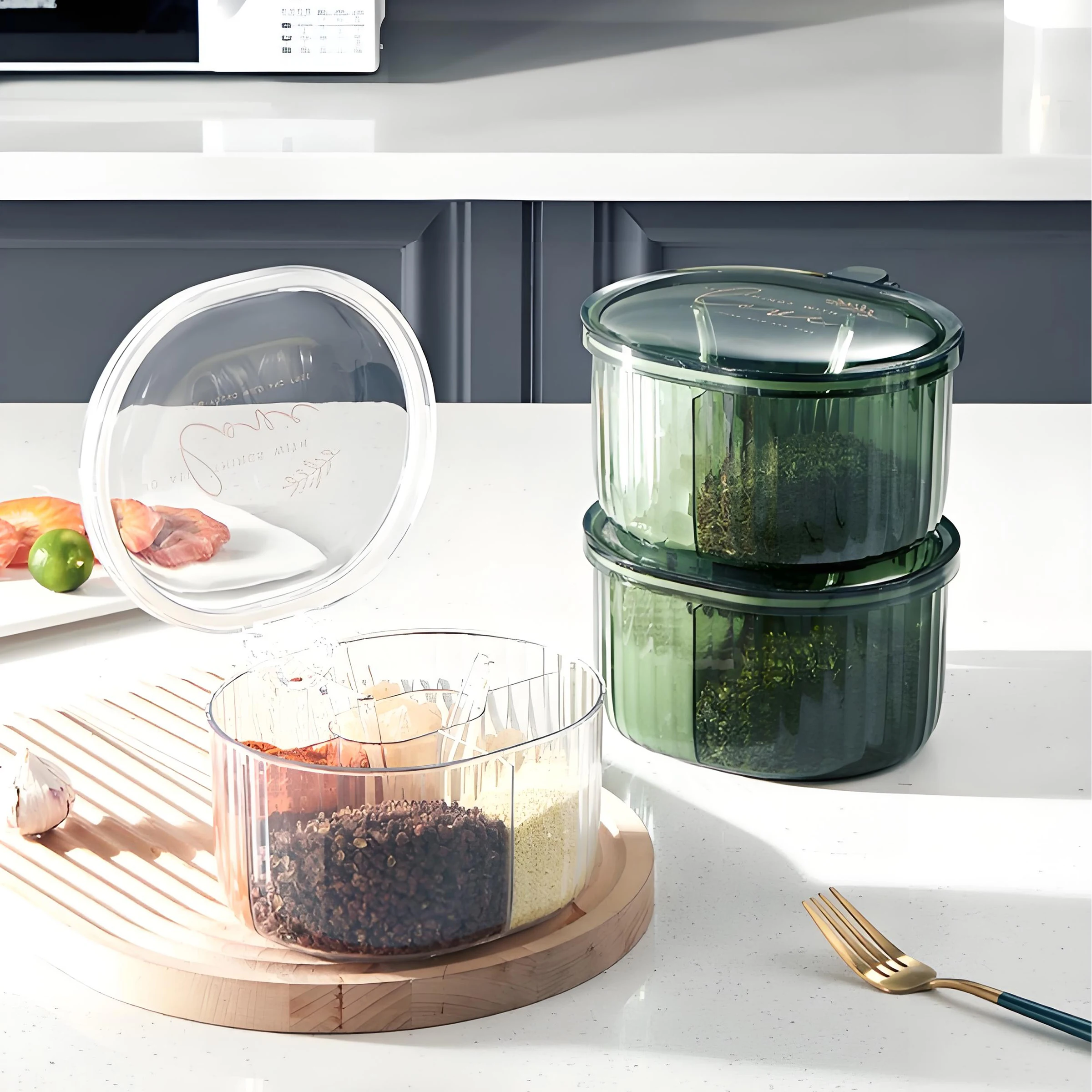 Caixa para Temperos de Luxo Leve Mais Vendida 4 em 1 em Plástico para Cozinha Novo Design com Tampa à Prova de Umidade Recipiente para Armazenamento de Sal e Alimentos