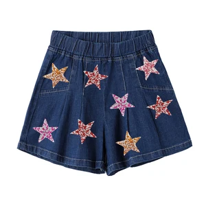 Boutique High Quality Summer Custom Sequined Patch Kids Girls Denim Shorts for 2-14 Years Old
