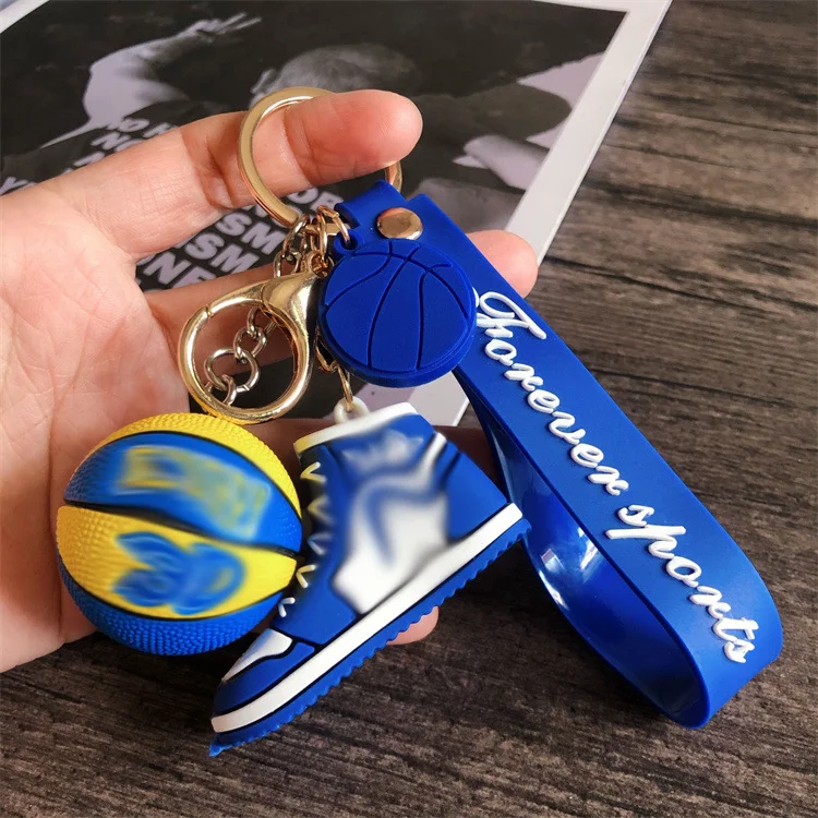 Popular Custom Designer logo Mini 3d Rubber Basketball Shoe Keychain with Ball