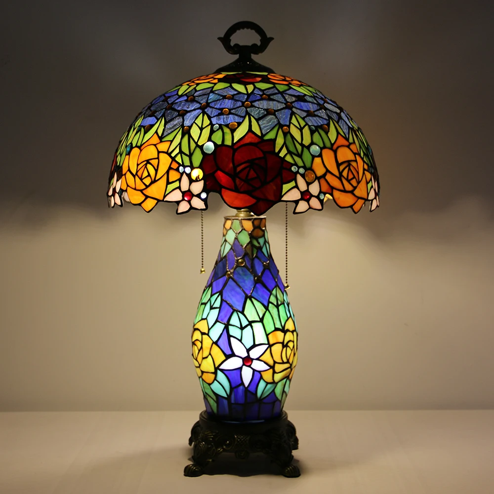 LongHuiJing Country Style Tiffany Style Antique Table Lamps Stained Glass lampshade with Rose Pattern Desk Lights