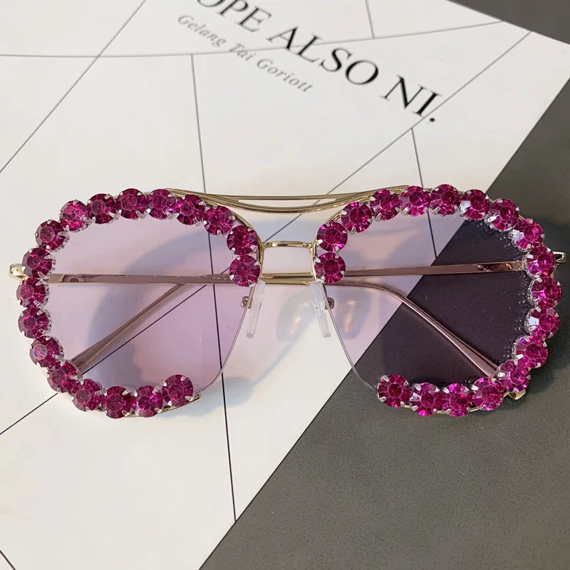 Hot sale 2021 fashion handmade party round blue lens diamond rhinestone trimmed sunglasses women 1793
