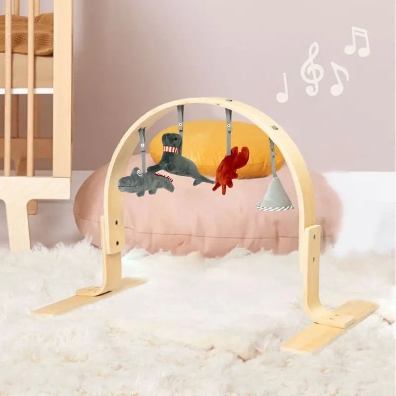 Set Tempat Bermain Bayi dari Kayu Desain Kustom Bingkai Kayu Alami Tempat Bermain Aktivitas dengan Palang Gantung dan Mainan Bayi