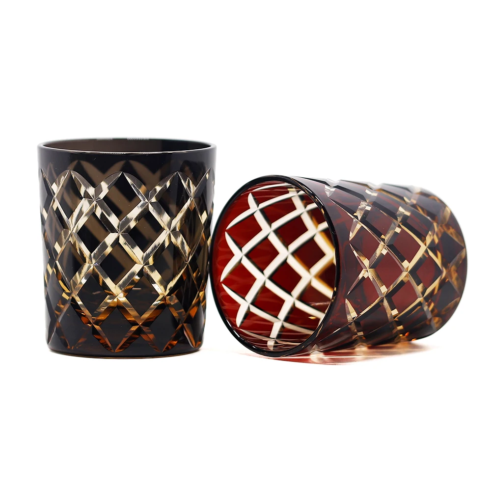 Elegant Hand Carved Colored Overlay Glass Handmade Edo Kiriko Glass Stemless Cup Round Bottom for Vodka, Whisky, Juice