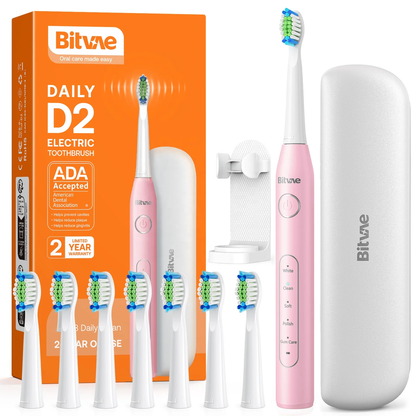Bitvae D2 Adult Automatic Rechargeable Electric Toothbrush with Hard Bristles