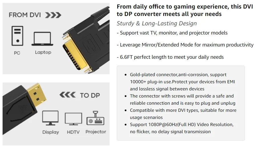 DVI to Displayport Cable DVI-D to DP Male to Male Cable Converter Support 1080P HD from PC Graphics Card,dp to dvi cable