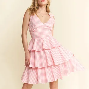 Summer Pink Gingham Tiered Mini Dress Knee Length Layered Dress Garden Parties Dress